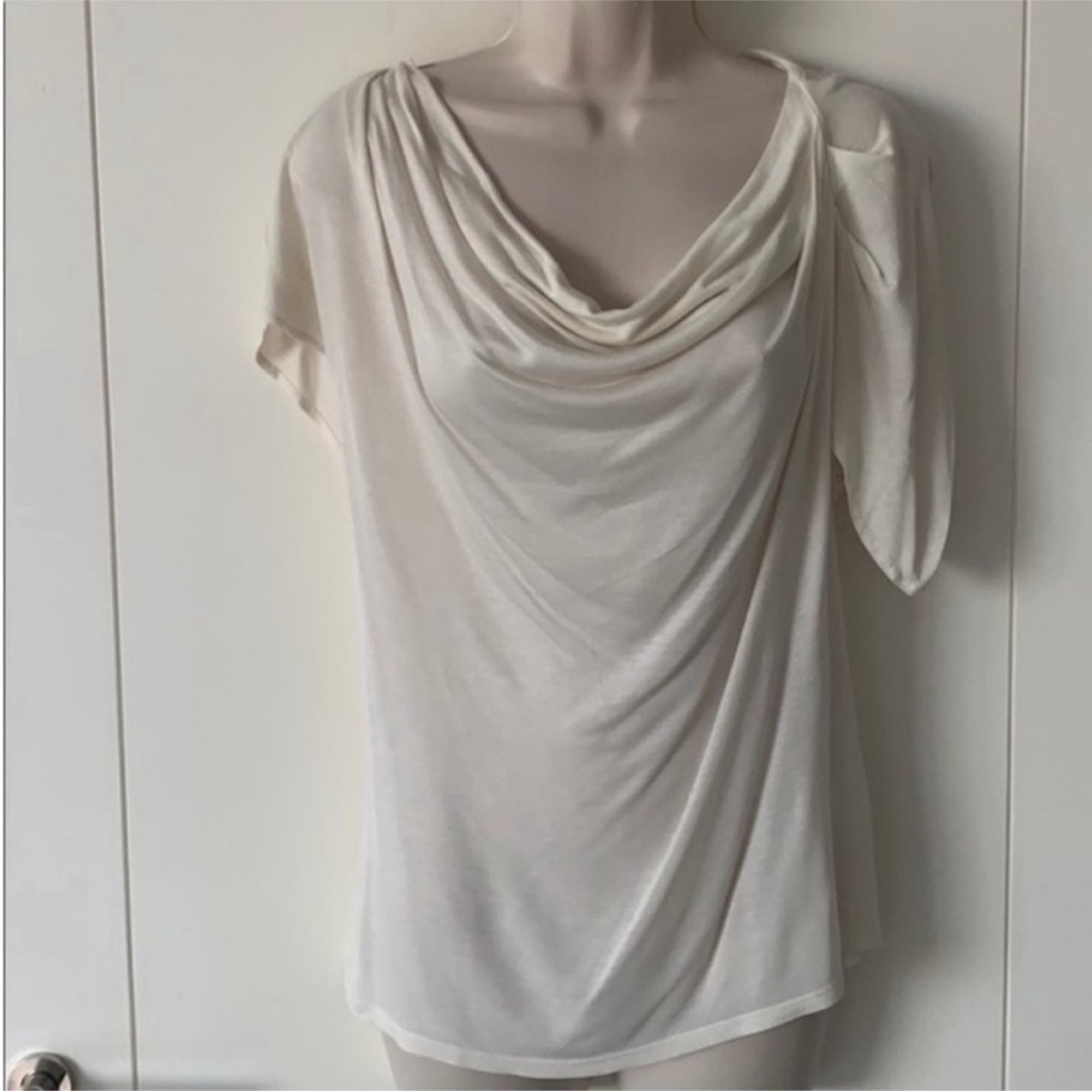 Haute Hippie Ivory Modal Jersey Draped Neckline Asymmetric Short Sleeve Top Xs